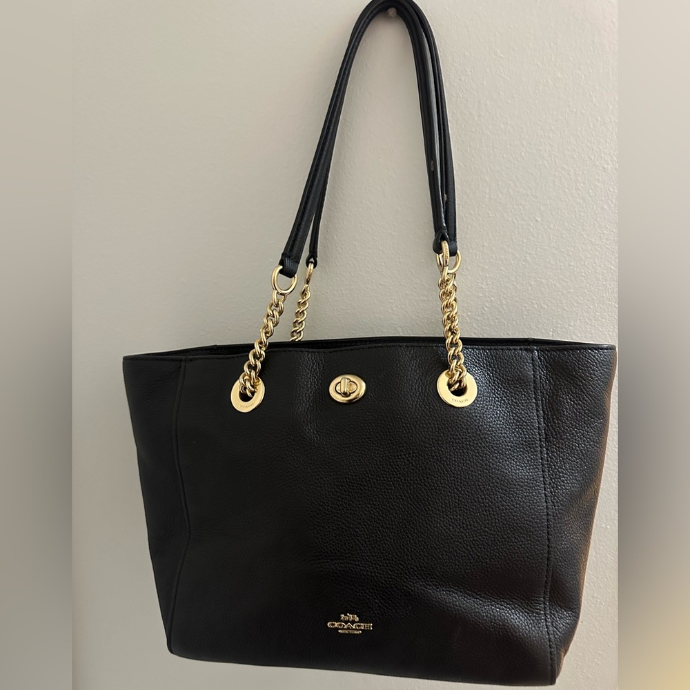 Coach Black Tote with Gold Chain Accents